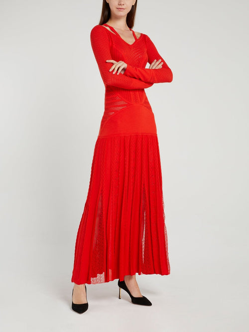 Red Lace Pattern Knitted Maxi Dress