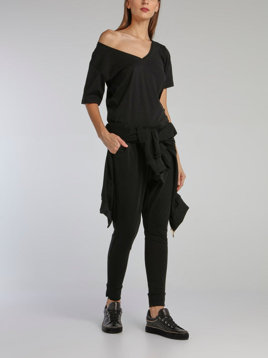 Black Rear Statement V-Neck Loose Top