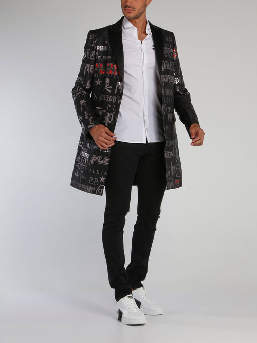 Black Statement Monogram Print Long Coat