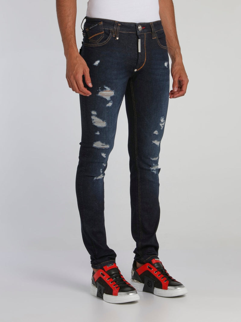 Navy Tattered Skinny Jeans