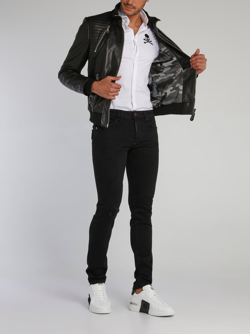 Black Quilt Panel Leather Jacket