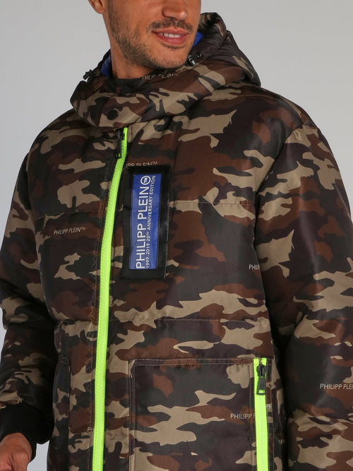 Camo Logo Long Puffer Jacket