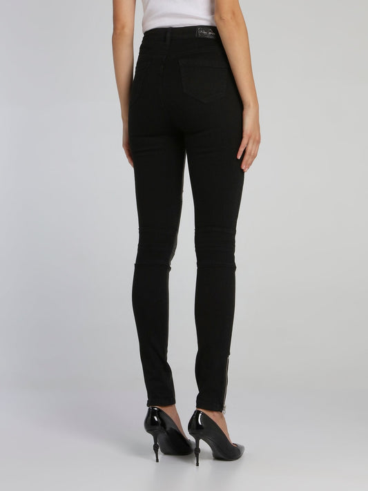 Black High Rise Leather Biker Pants