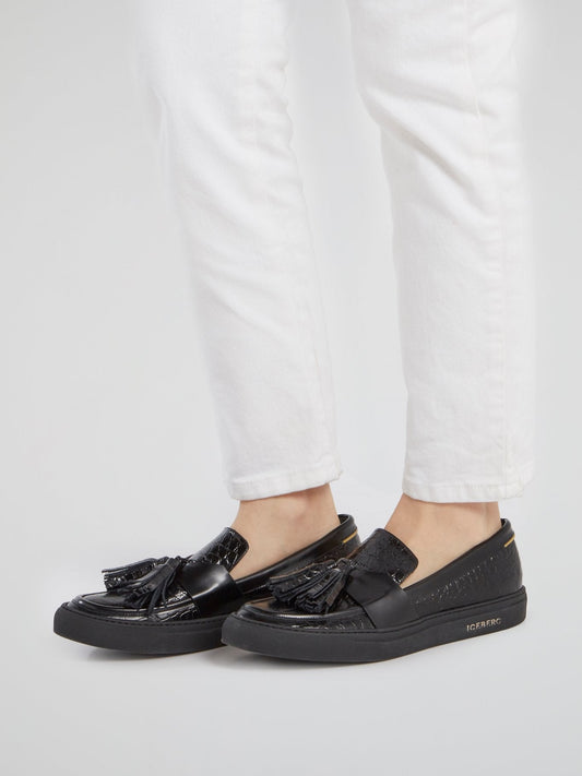 Black Crocodile Effect Tassel Loafers