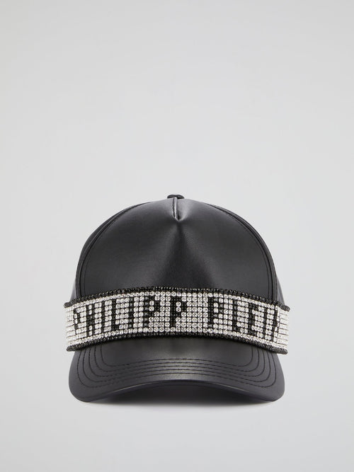 Black Crystal Studded Logo Statement Cap