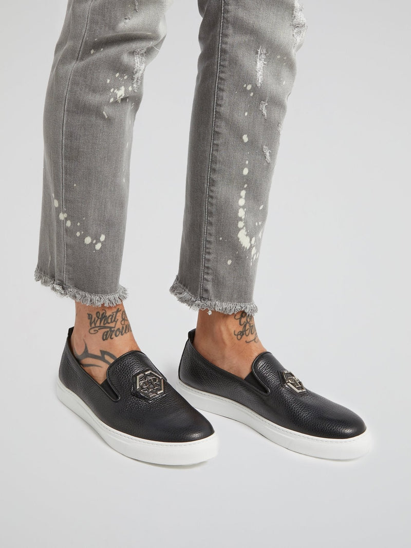 Black Monogram Patched Slip On Trainers