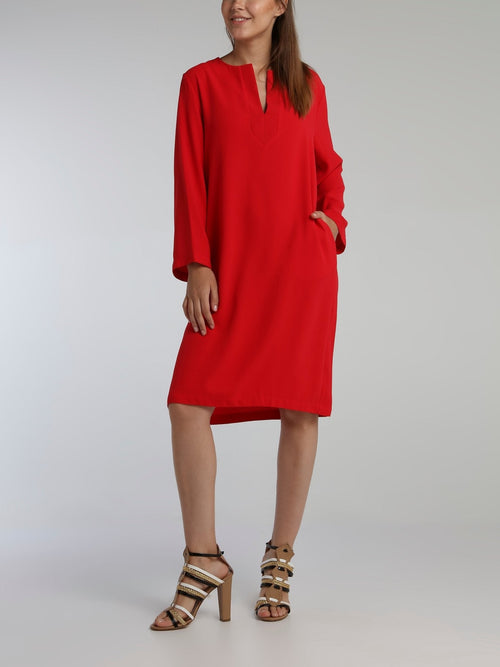 Line Red Long Sleeve Crepe Dress