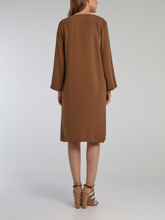 Line Brown Long Sleeve Crepe Dress