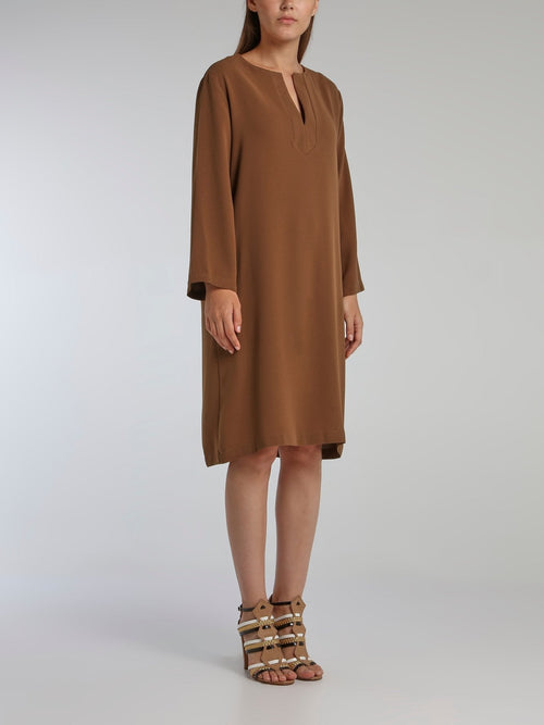 Line Brown Long Sleeve Crepe Dress