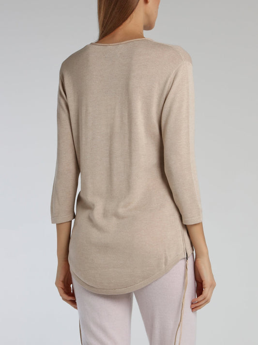 Beige Leather Panel Pullover