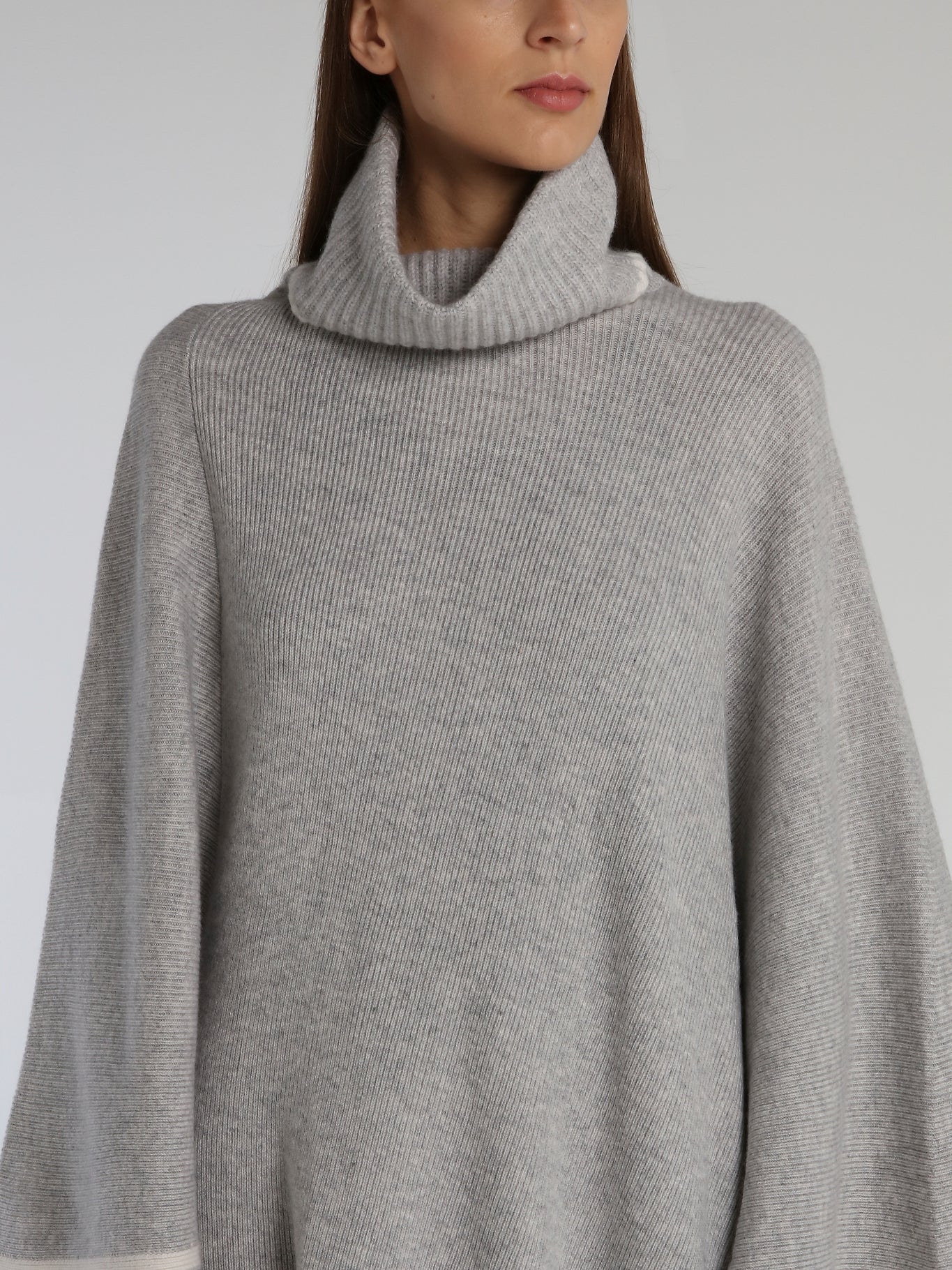 Grey Ribbed Cowl Neck Poncho