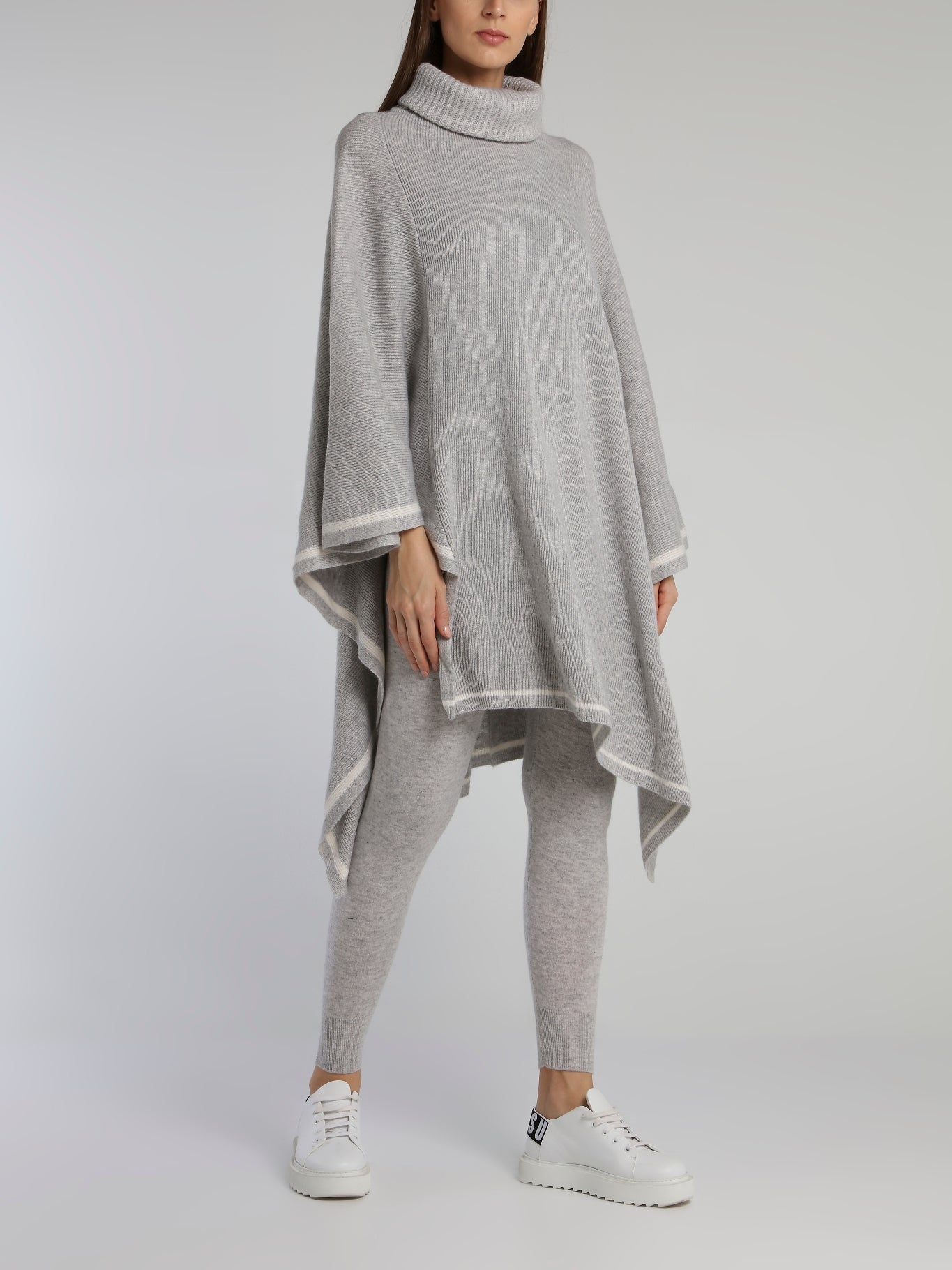 Grey Ribbed Cowl Neck Poncho