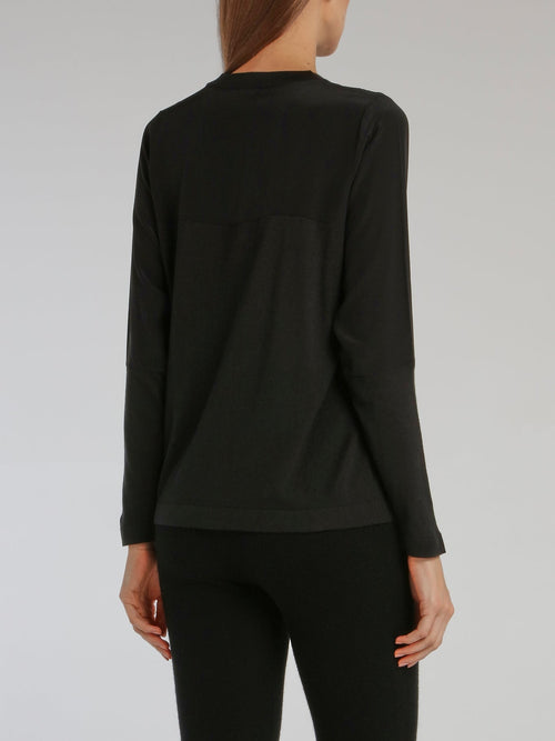 Black Knit Panel Crewneck Top