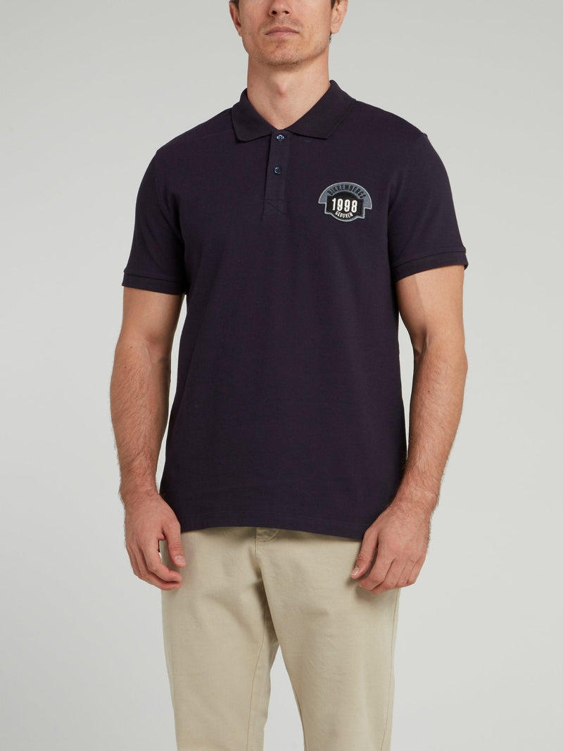 Navy Appliquéd Knitted Polo Shirt