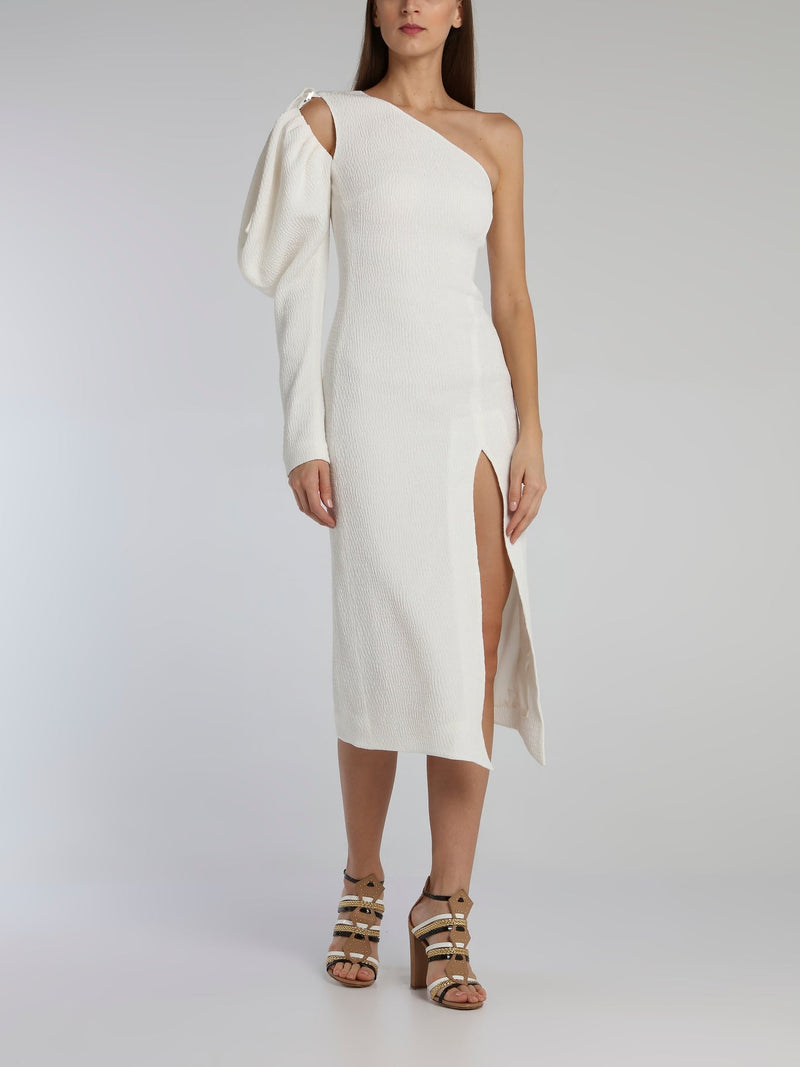 White Puff Sleeve Cloque Midi Dress