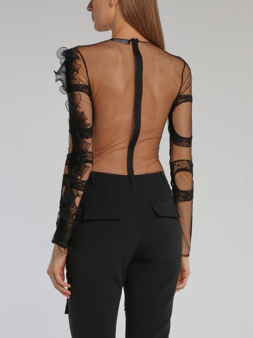 Black Snake Lace Ruffle Bodysuit