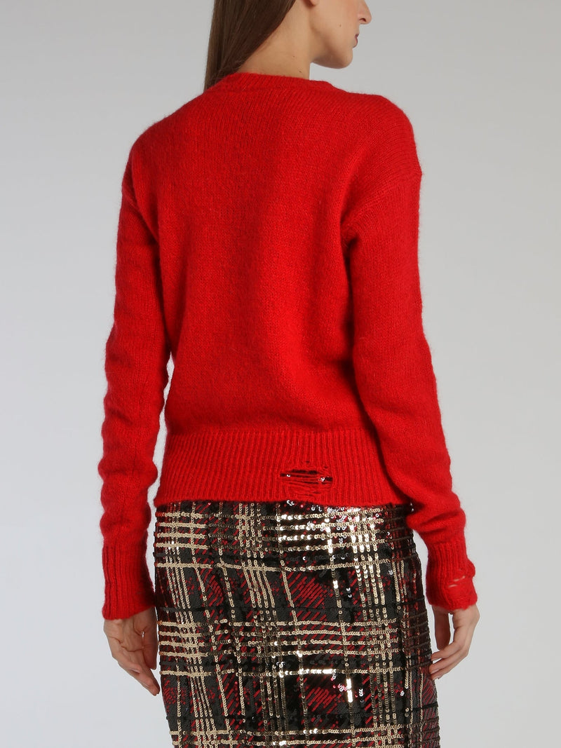 Red Distressed Embellished Sweater