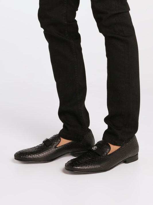 Black Reptilian Textured Loafers