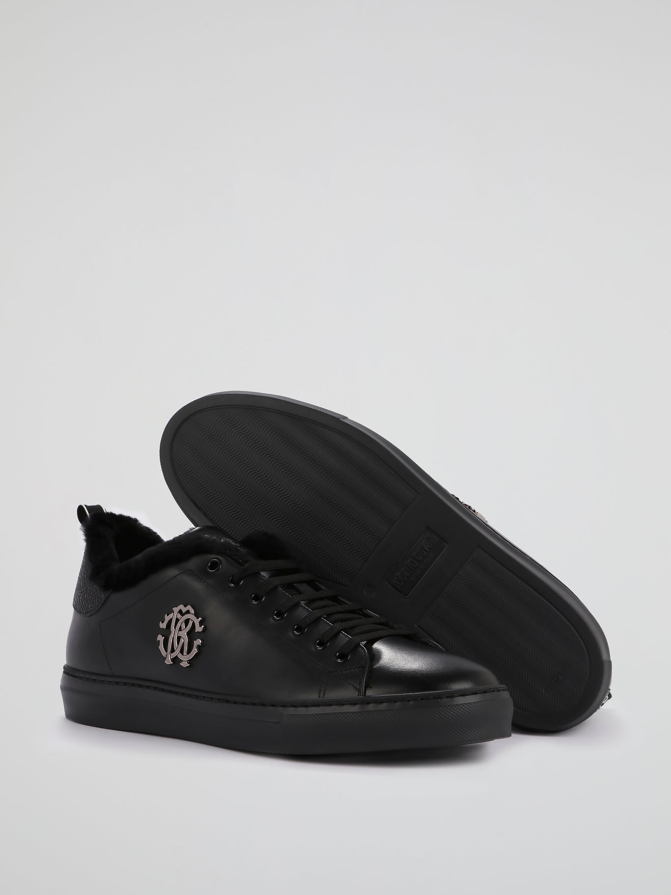 Black Fur Trim Leather Sneakers