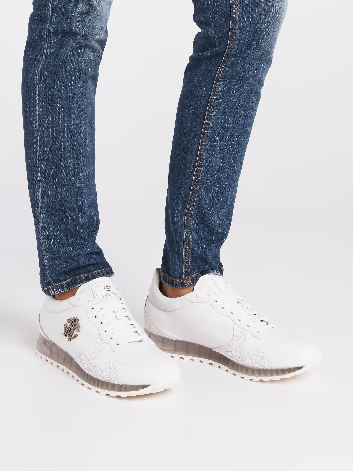 White Textured Panel Leather Sneakers