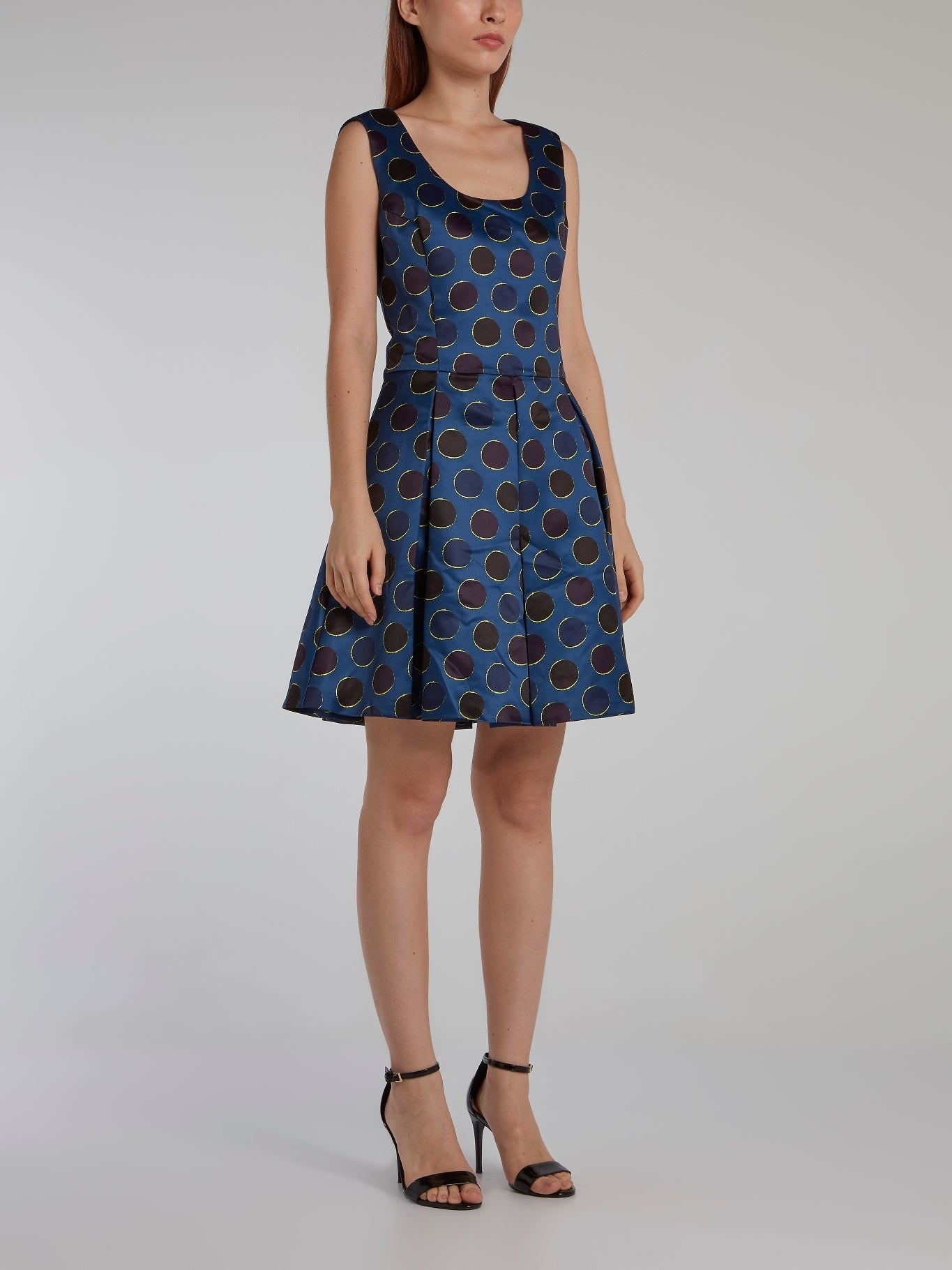 Navy Polka Dot Box Pleated Dress