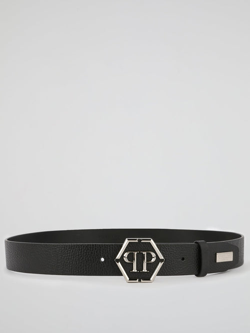 Black Metallic Monogram Leather Belt