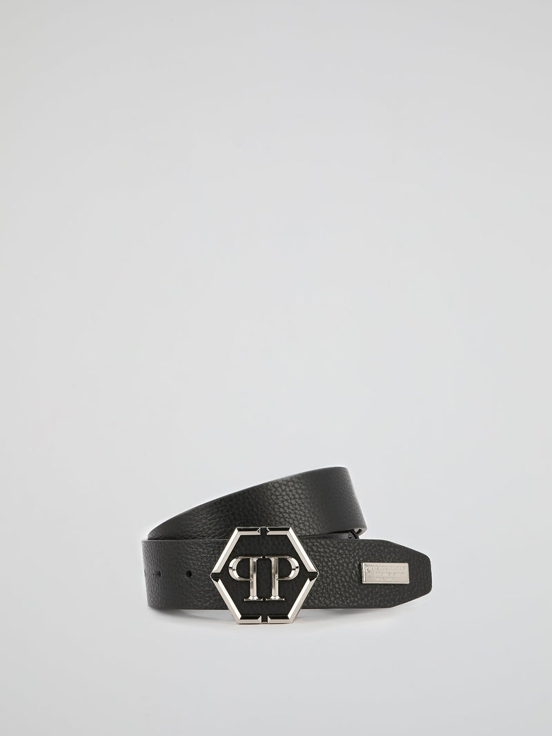 Black Metallic Monogram Leather Belt