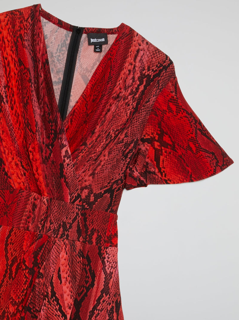 Red Snake Print Surplice Mini Dress