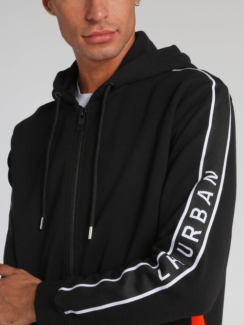 Black Logo Rib Zip Up Hoodie