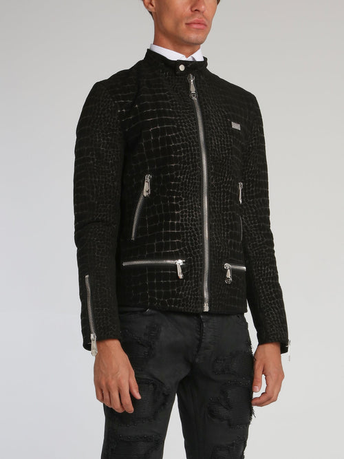 Black Reptilian Leather Moto Jacket