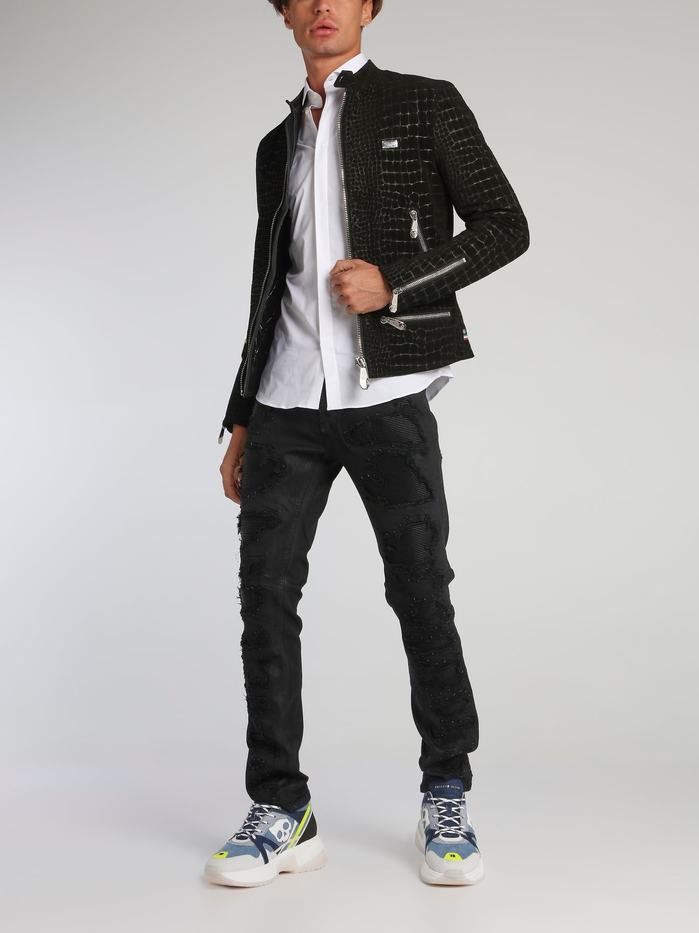 Black Reptilian Leather Moto Jacket