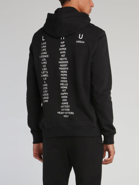 Black Typography Drawstring Hoodie