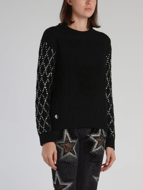 Black Crystal Studded Sleeve Pullover