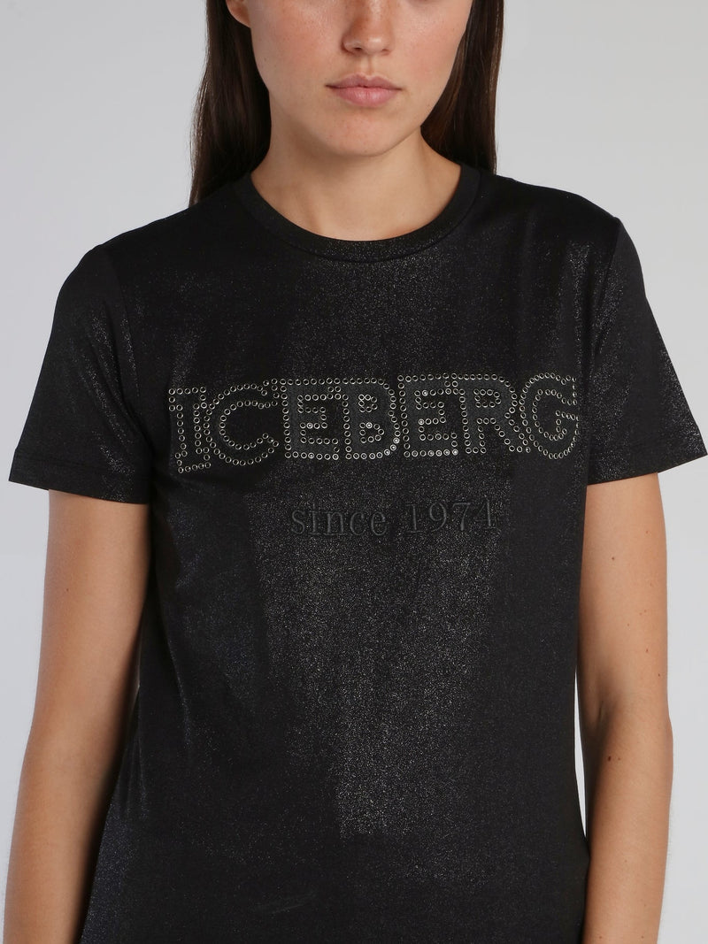 Black Studded Logo Cotton T-Shirt