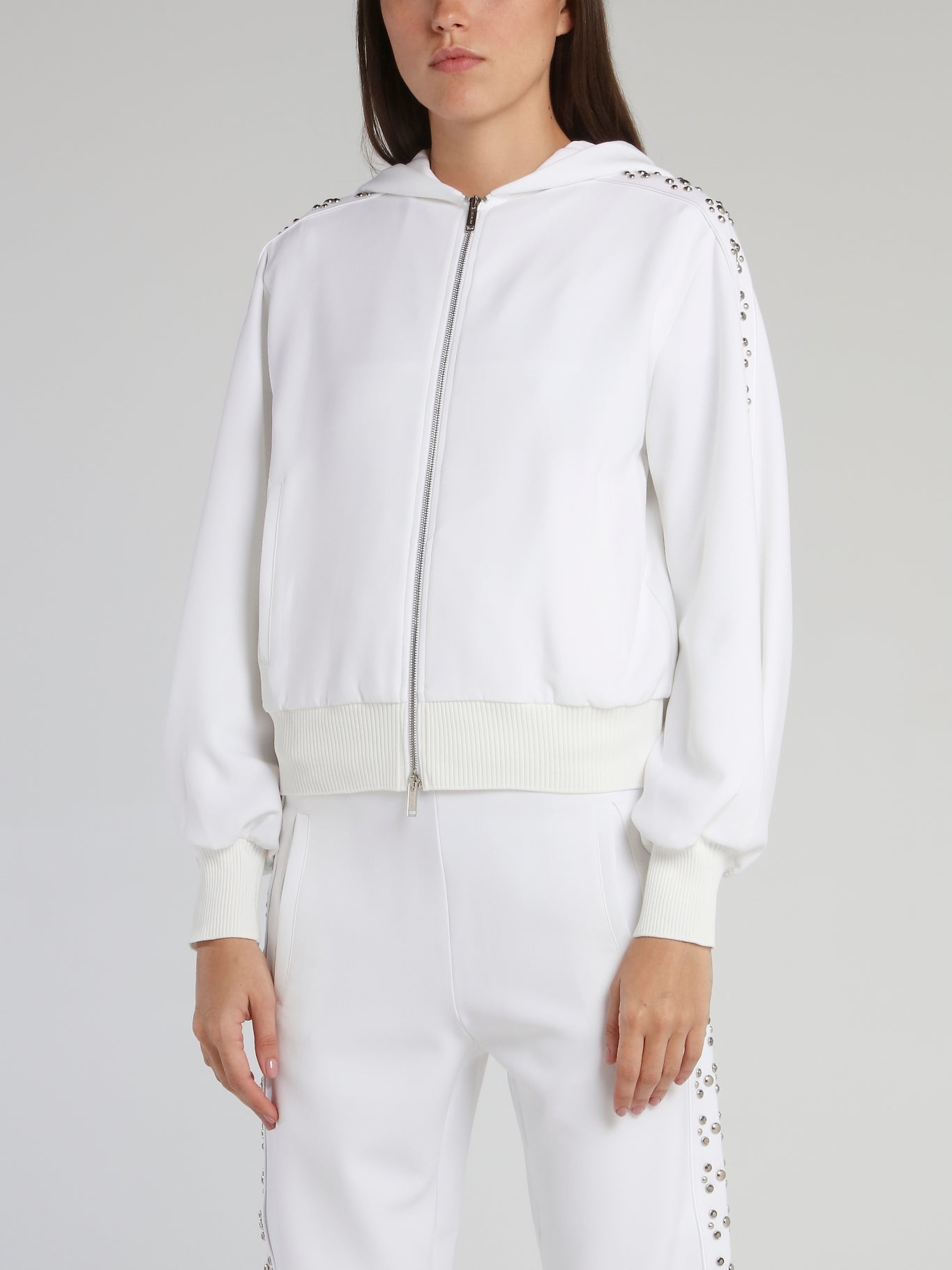 White Studded Sleeve Hooded Sweat Jacket