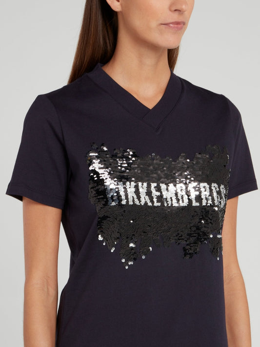 Navy Sequin Logo V-Neck T-Shirt