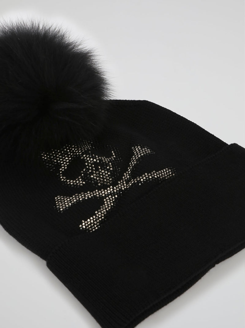 Black Strass Skull Pom Pom Beanie