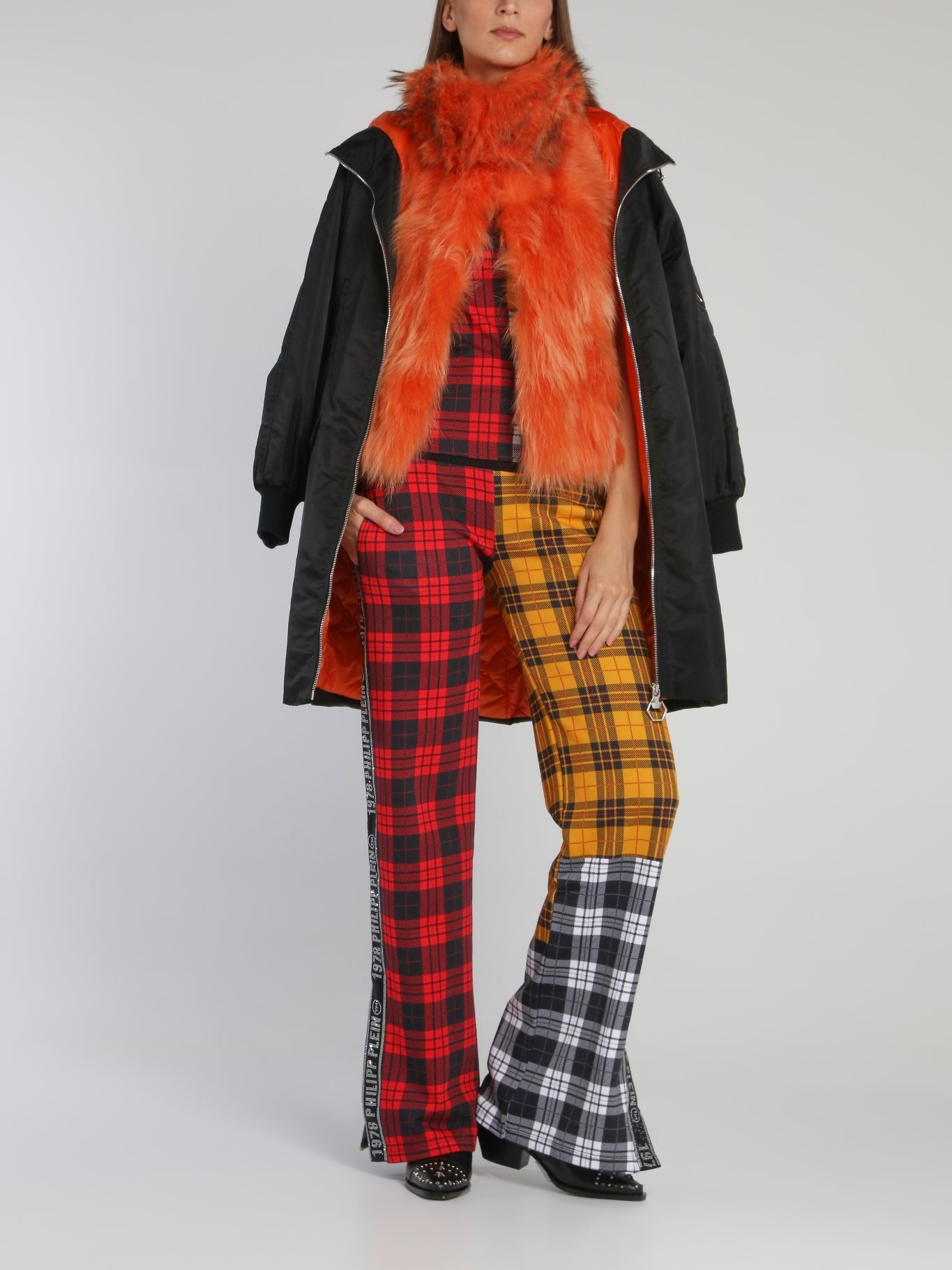 Colour Block Tartan Bootcut Trousers