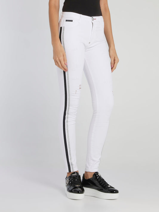 White Contrast Lining Distressed Jeggings