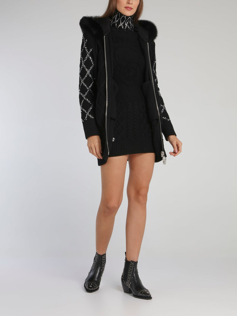 Black Crystal Detail Ribbed Dress