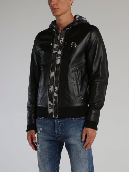 Black Camo Panel Leather Jacket