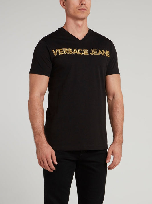 Black Logo Embroidered V-Neck T-Shirt