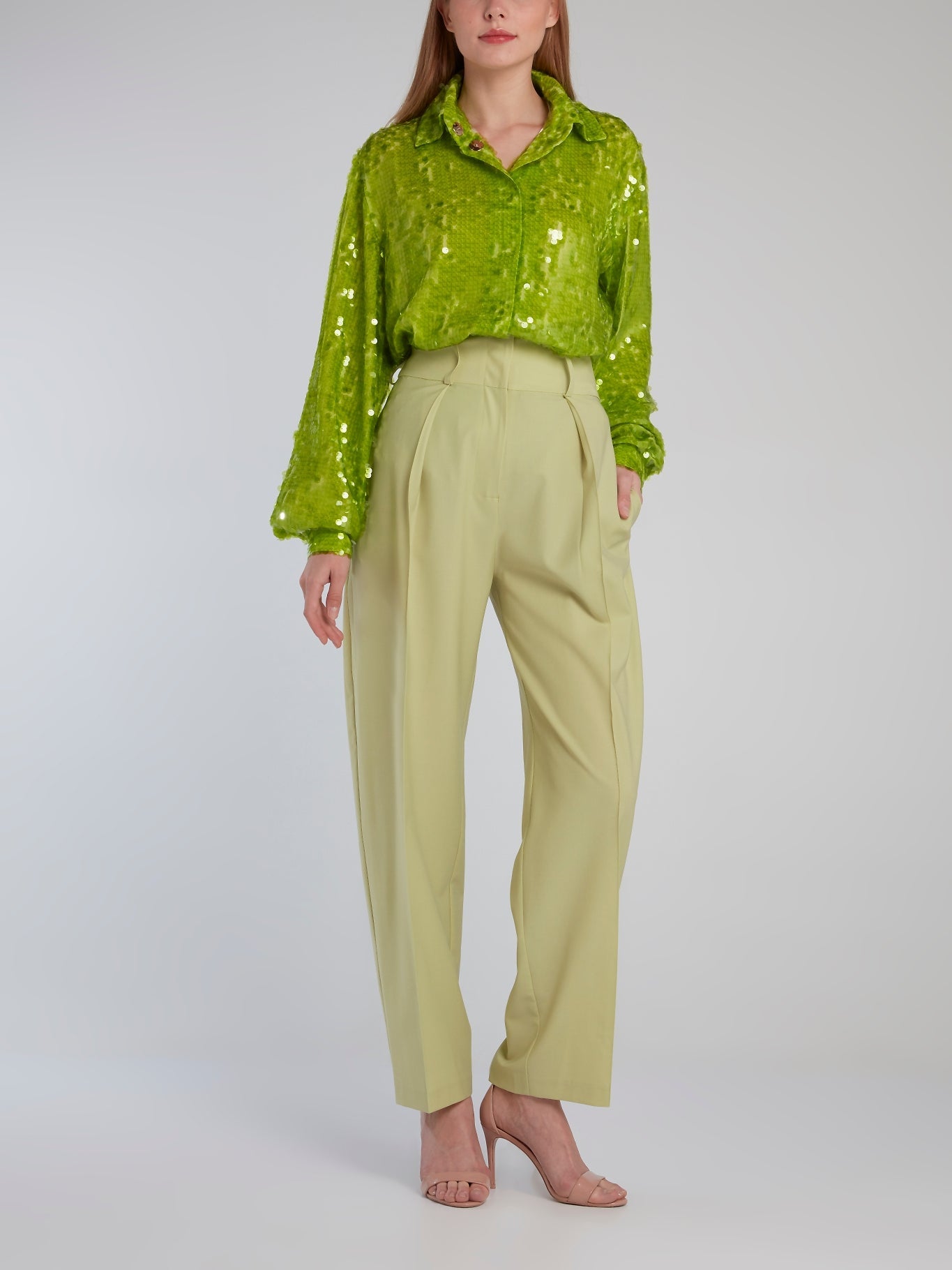 Lime High Waist Front Pleated Tapered Trousers