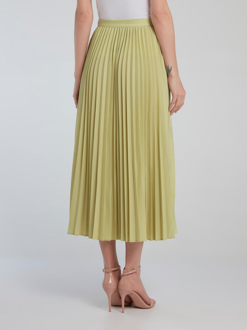 Lime Crystal Studded Accordion Midi Skirt