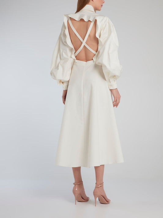 White Open Back Bishop Sleeve Shirt Dress