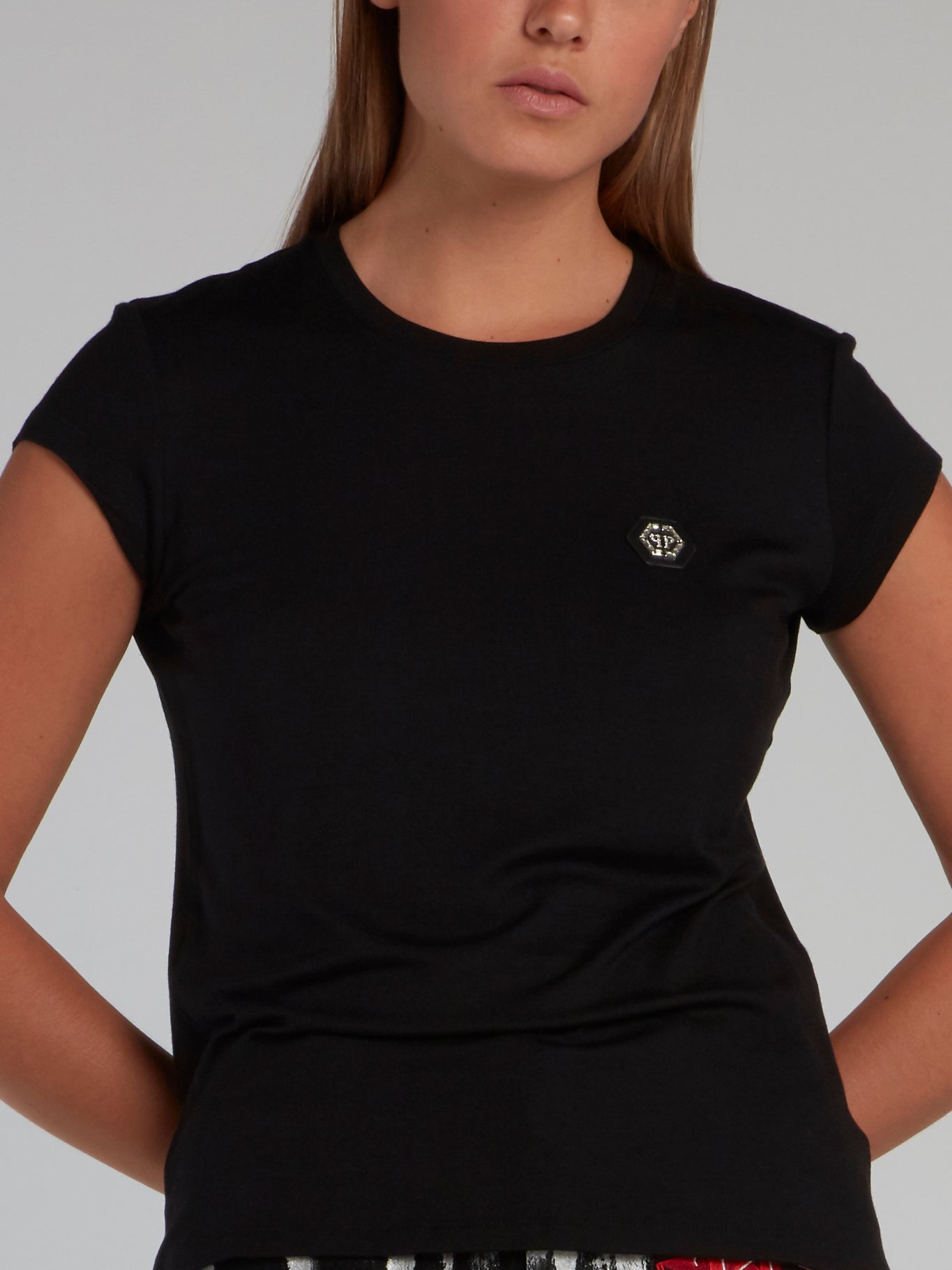 Black Appliquéd Cap Sleeve T-Shirt