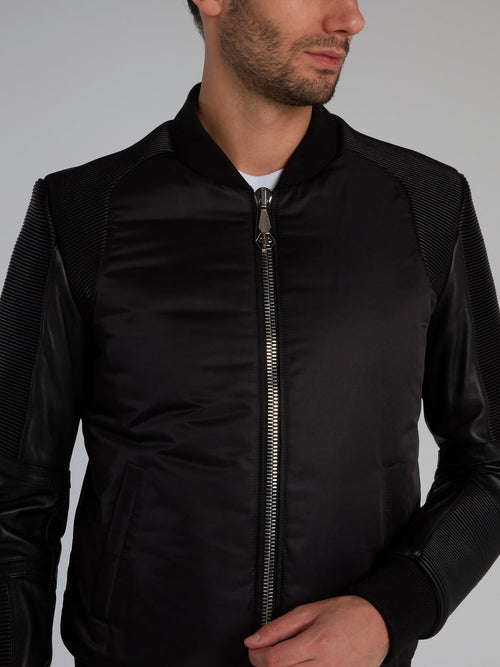 Black Lambskin Leather Bomber Jacket