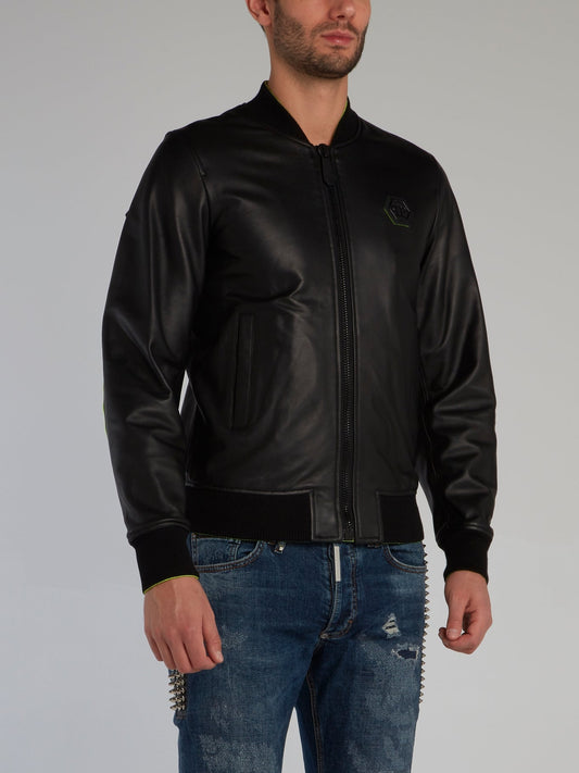 Black Sheepskin Leather Bomber Jacket