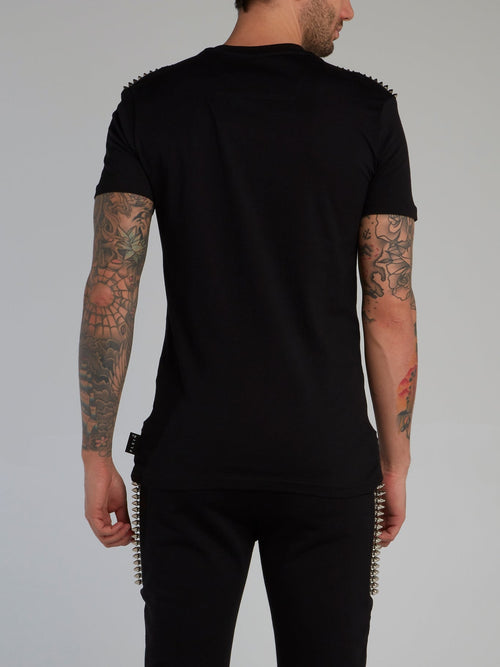 Black Spike Studded V-Neck T-Shirt