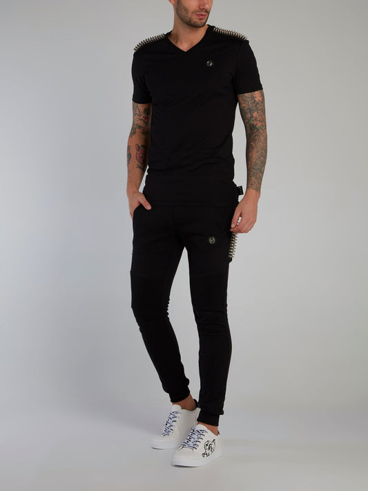 Black Spike Studded V-Neck T-Shirt